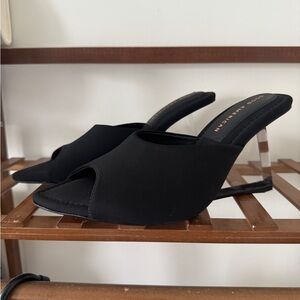 Good American Black Open-Toe Wedge Mules with Clear Heel